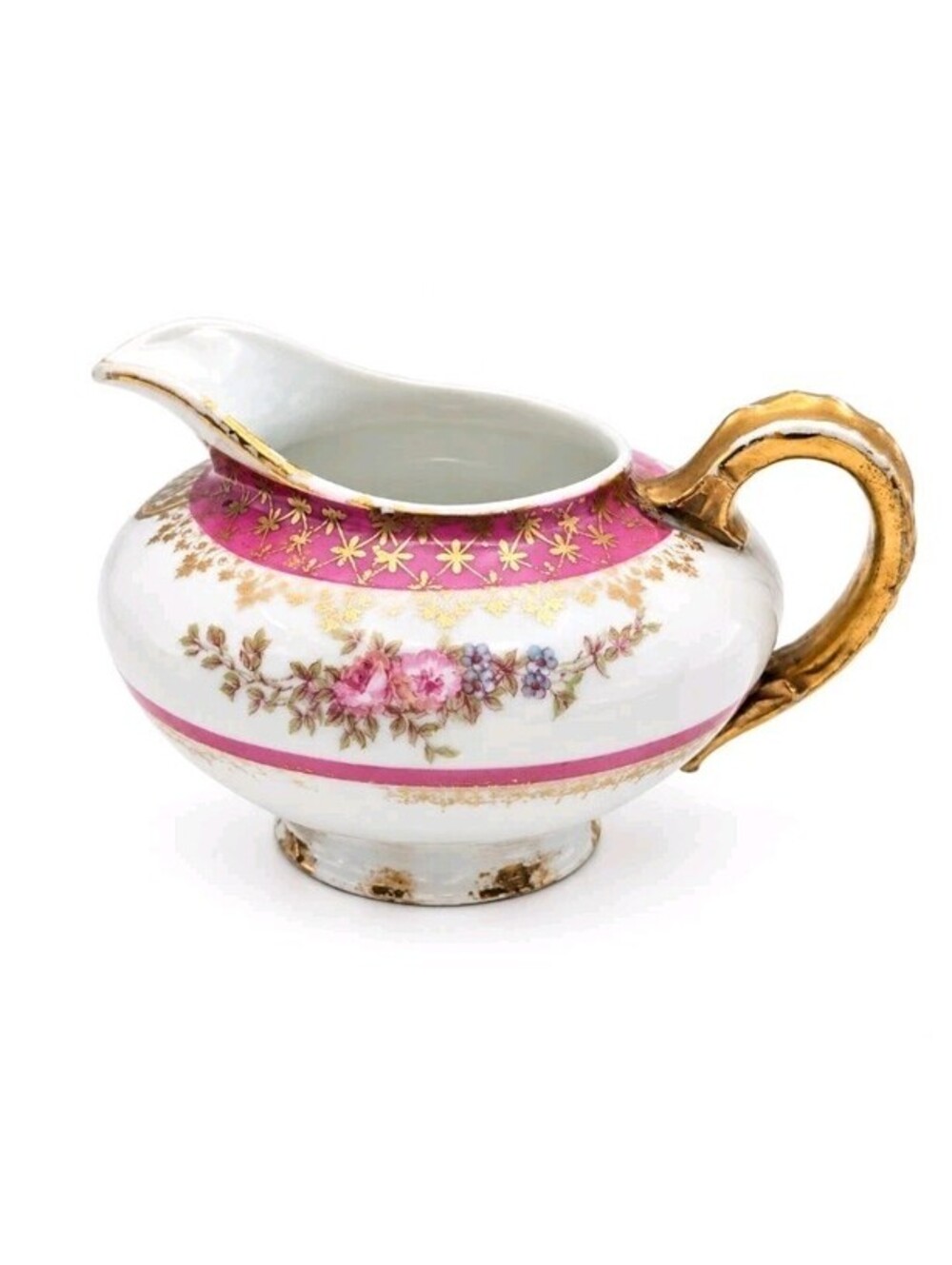 Antique GDA Limoges France Porcelain Creamer Pink Floral Gold Gilt